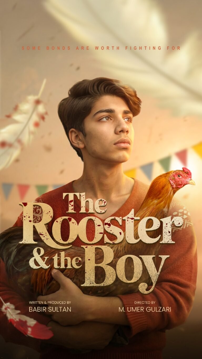 Official poster: Asif holding his rooster under festival bunting